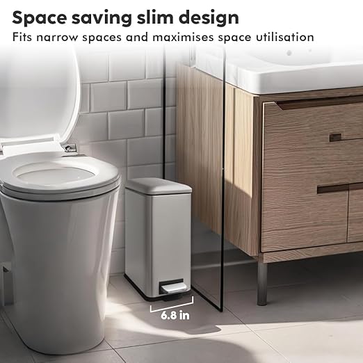 Bathroom Trash Can, 10 Liter / 2.6 Gallon Trash Can with Lid, Stainless Steel Garbage Can with Removable Inner Bucket, Step Trash Bin for Bedroom, Office, Kitchen, Dorm, Kohler Grey