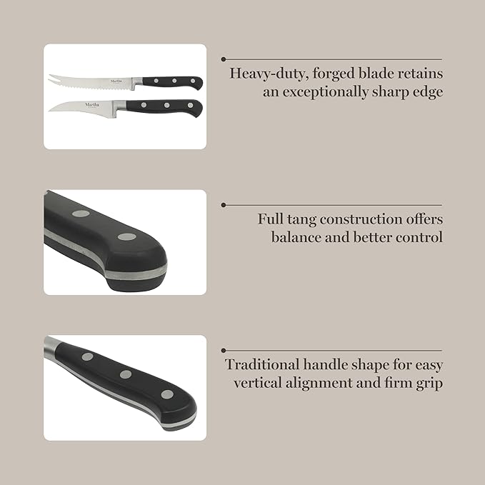 Martha Stewart Carverton 2 Piece Set 5" Tomato Knife and 3" Bird's Beak Knife Set, High Carbon Stainless Steel Kitchen Knives w/Black Triple Riveted Handle