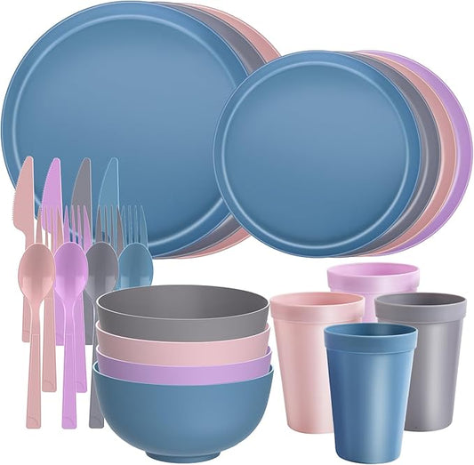 20 Piece RV & Camping Dinnerware Set, Elegant Ceramic-Look Large Bowls & Plates, Unbreakable & 100% Microwave Safe, Melamine Alternative Service for 4, Pastel