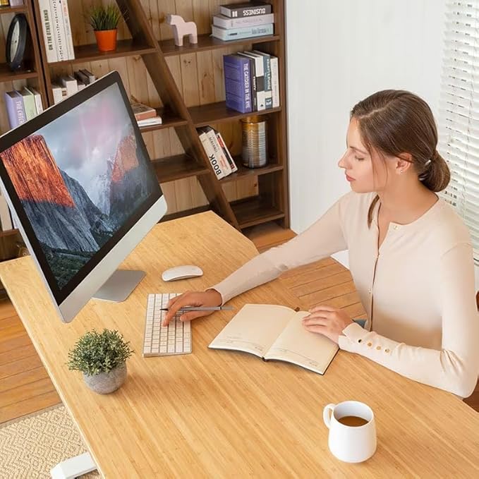 FLEXISPOT EN1 Bamboo Standing Desk, 55 x 28 Inches One-Piece Electric Adjustable Height Sit Stand Table, Home Office Stand Up Desk (Black Frame + Bamboo Curved Desktop, 2 Packages)