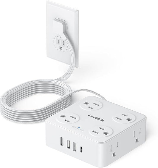 6.5Ft Power Strip with Surge Protector, 8 Outlets 4 USB Ports Extension Cord, Flat Plug Charging Station for Home Office Desk & College Dorm Essentials, White