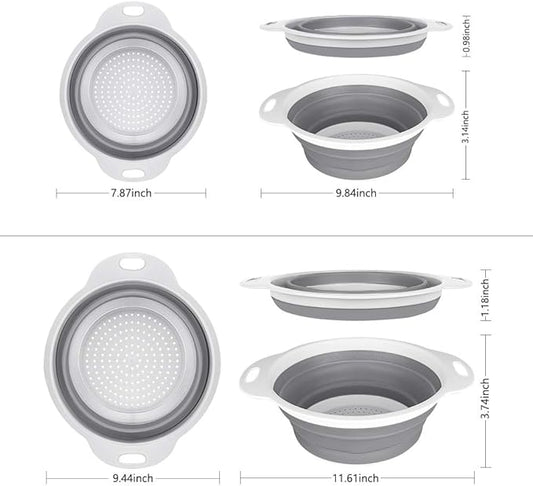 QiMH Collapsible Colander and Strainer Set of 3-2 PC 4 Quart(1 gal) and 1 PC 2 Quart(0.5 gal) - BPA Free & Dishwasher-safe Silicone Kitchen Foldable Strainer for Pasta, Veggies
