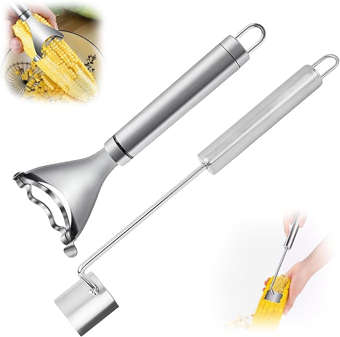 2 Pcs Stainless Steel Corn Peeler and Stripper Tool Set, Corn Stripper Cob Stripper Tool,Corn Stripper for Corn on the Cob Remover Tool，Corn Thresher with Ergonomic Handle，Kitchen Gadget