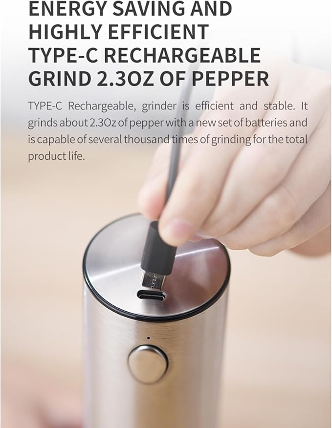 RECHARGEABLE - Electric Pepper and Salt Grinder Set, Adjustable Coarseness, With LED Light, One Hand Automatic Operation (A/Silver)