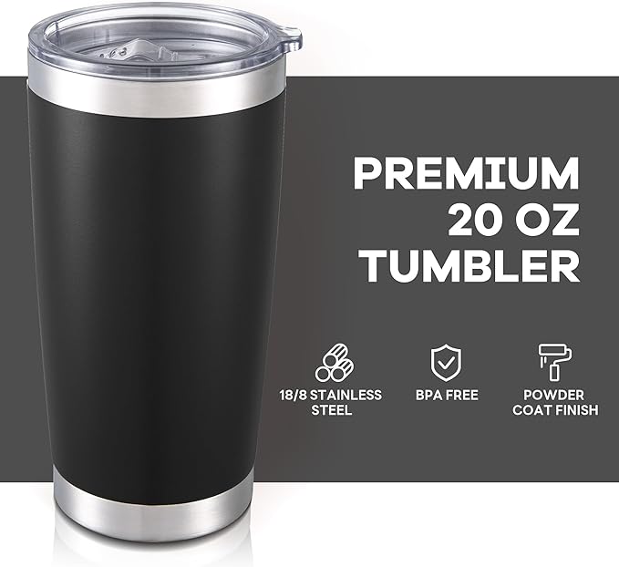 20 oz Tumbler with Lid Stainless Steel Double Wall Vacuum Insulated Tumblers Powder Coated Cups Travel Mug Keep Drinks Cold and Hot, Black