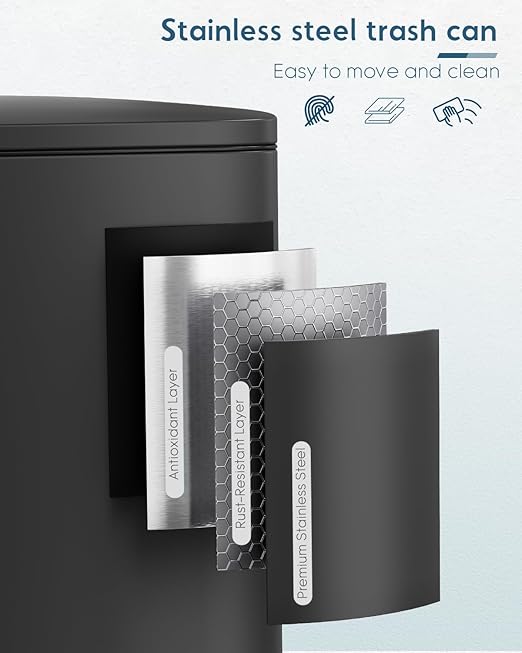 Arlopu 13.2+1.3 Gallon Step Trash Can, Stainless Steel Garbage Bin, Soft-Close Rubbish Bin with Removable Plastic Inner Bucket, Fingerprint-Proof, Lid Dustbin, for Kitchen Home (Black)