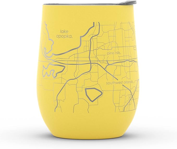 Well Told Engraved Orlando Florida Map Insulated Wine Tumbler, Etched Stainless Steel Cup (12 oz, Sunrise Yellow) City Map Insulated Tumbler, Custom Insulated Tumbler, Outdoor Drinkware