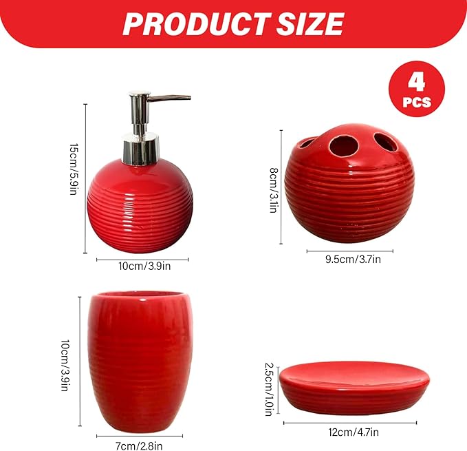4Pcs Red Bathroom Accessories, Modern Ceramic Bathroom Accessories Set Includes Soap Dispenser, Toothbrush Holder, Tumbler and Soap Dish for Home Apartment, Red Toothbrush Holder