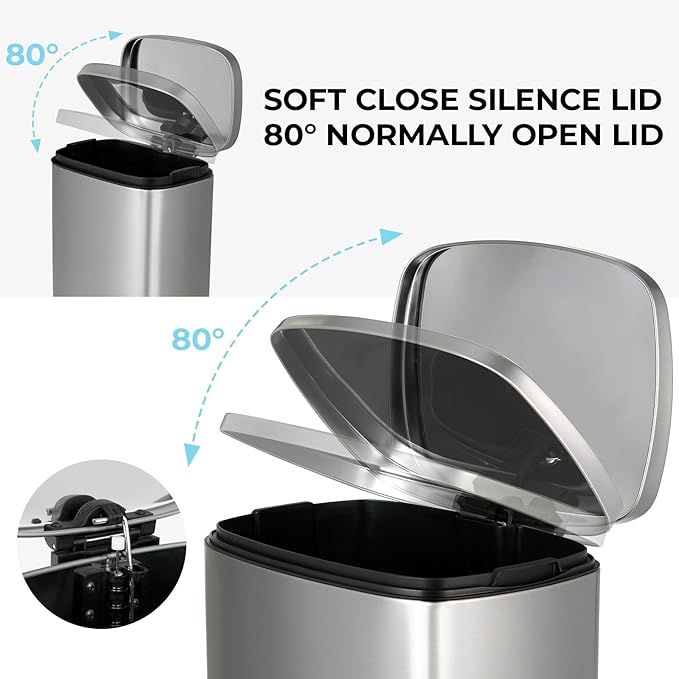 13.2 Gal Kitchen Trash Can, 50L Recycling or Garbage Bin, Brushed Stainless Steel Waste Basket, Soft&Quiet Close Dustbin, with Step-On Pedal, Removable Inner Bucket, for Home, Office, Living Room