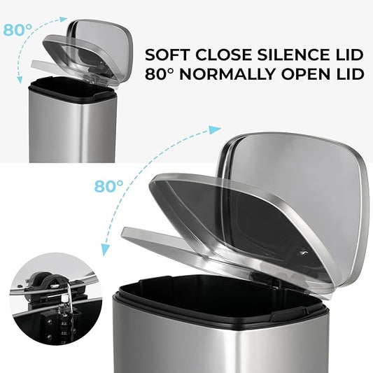 8 Gal Kitchen Trash Can, 30L Recycling or Garbage Bin, Brushed Stainless Steel Waste Basket, Soft&Quiet Close Dustbin, with Step-On Pedal, Removable Inner Bucket, for Home, Office, Living Room