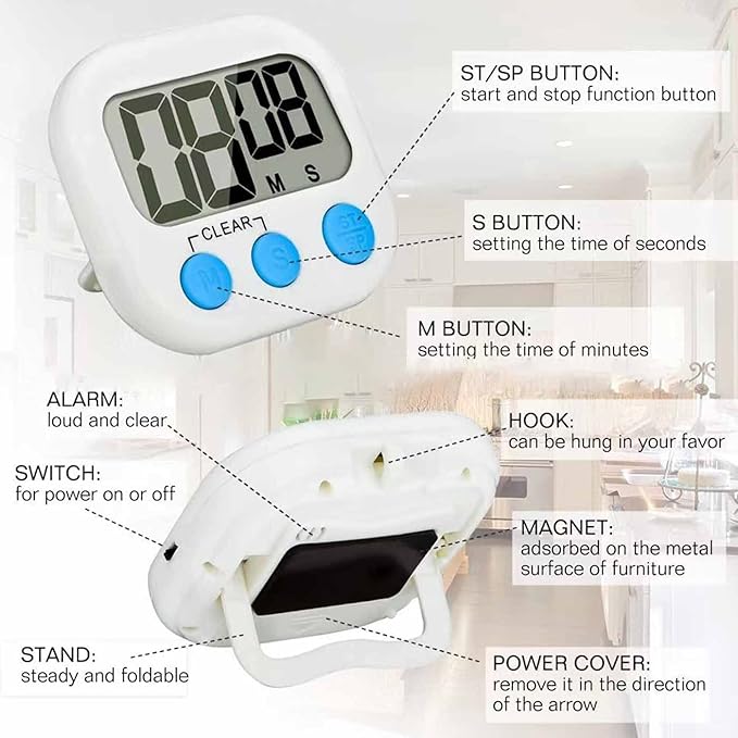 6 Pack Large Screen Digital Kitchen Timer, Magnetic Timer, Big Digits Loud Alarm, Count Up/Down, ON/Off Switch, Teachers, Classroom, Cooking, Baking