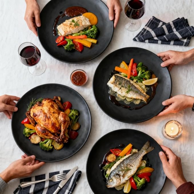24-Piece Black Unbreakable Wheat Straw Dinnerware Set -Plates and Bowls Sets for 6, Eco-friendly Dishes Set for 6