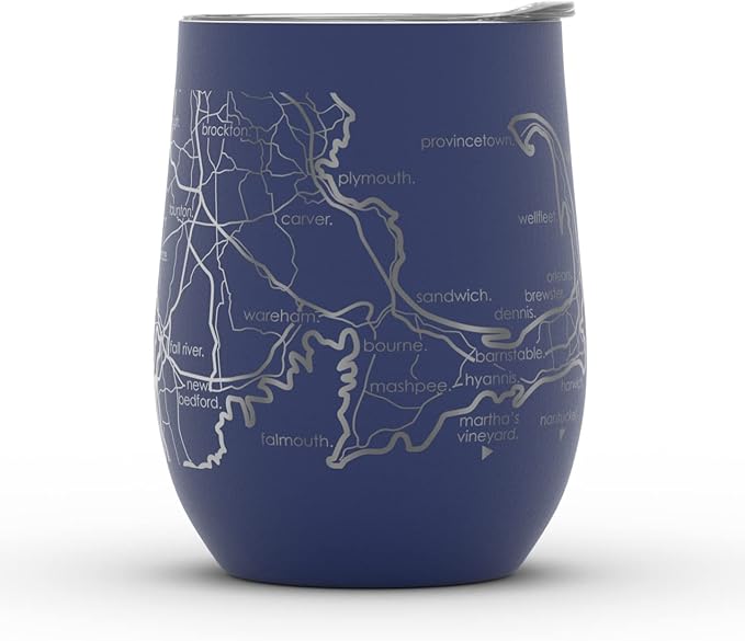 Well Told Engraved Cape Cod Massachusetts Map Insulated Wine Tumbler, Etched Stainless Steel Cup (12 oz, Midnight Blue) City Map Insulated Tumbler, Custom Insulated Tumbler, Outdoor Drinkware