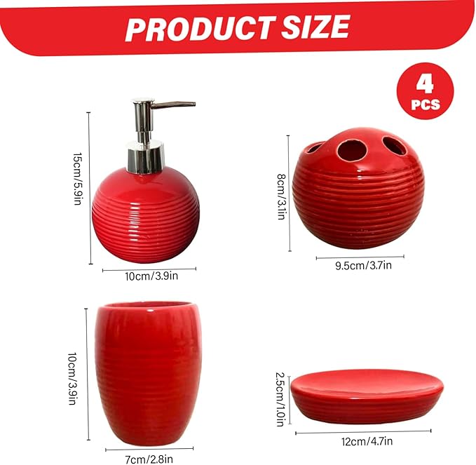 4Pcs Red Bathroom Accessories Set, Modern Ceramic Soap Dispenser, Toothbrush Holder, Tumbler and Soap Dish for Home and Apartment