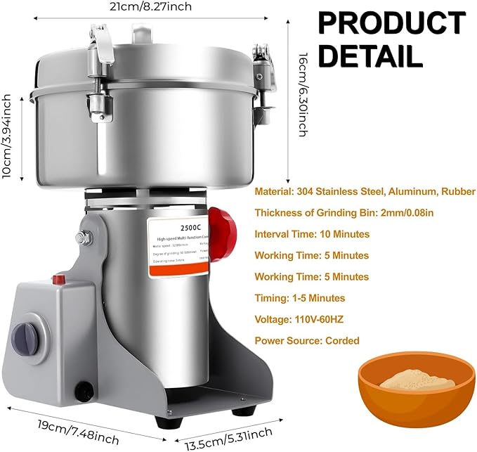 2500g Electric Grain Mill Grinder, High Speed 4500W Commercial Grinders, Stainless Steel Machine for Dry Grains, Coffee, Corn