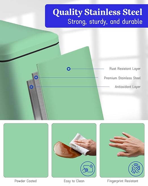 Green Trash Can, 1.3 Gallon Bathroom Trash Can with Lid, Stainless Steel Pedal Trash Bin Removal Inner Bucket, Small Grabage Can for Bathroom,Bedroom,Home Office