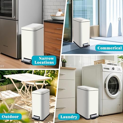 8 Gallon Slim Stainless Steel Trash Can with Step-on Lid, Narrow Space-Saving Kitchen & Bathroom Garbage Bin, White Metal Step Pedal Trash Can for Home, Office, Dorm