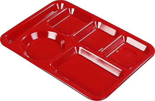 Carlisle FoodService Products Plastic Meal Tray Left-Handed Heavyweight Lunch Tray with 6-Compartments for Schools, Cafeterias, and Dining Halls, Melamine, 14 x 10 Inches, Red, (Pack of 12)