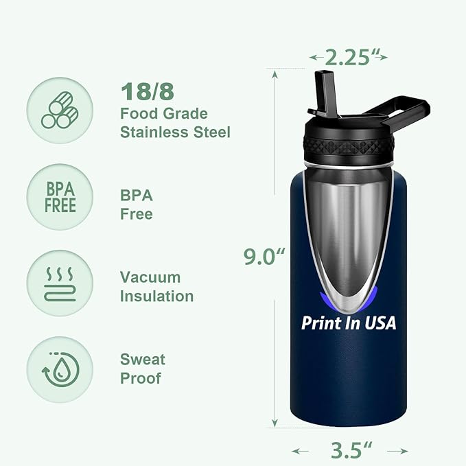 Personalized Custom Print in USA Water Bottle 100Pcs 32oz Stainless Steel Double Wall Coffee Cup with Lid & Straw Insulated Tumbler with Colorful Text Logo Photo