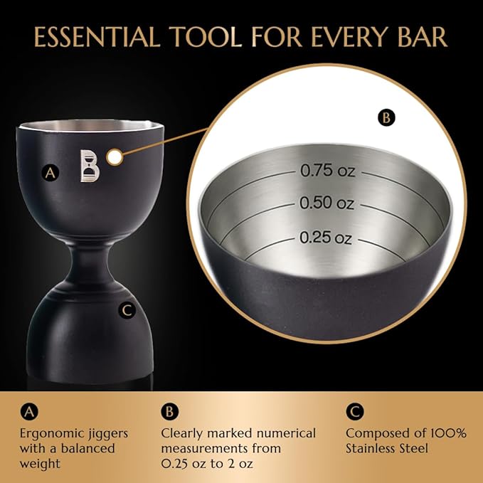 Double Bell Jigger by Bull In China - 0.25oz to 2oz Measures for Cocktails, Bars & Bartenders (Matte Black)