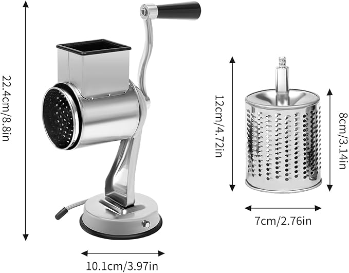 Stainless Steel Rotary Vegetable Cheese Grater Potato Slicer, 5-In-1 Countertop Cheese Grater Manual Kitchen Shredder Round Food Chopper with Blades for Cafeterias Restaurants Hotels