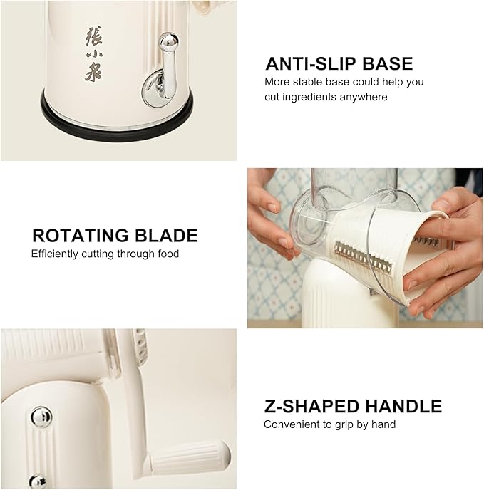 Rotary Cheese Grater Hand Crank with 5-in-1 Interchangeable Blades & Strong Suction Base Vegetables Shredder Manual Slicer for Kitchen, Cream