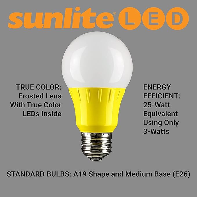 Sunlite 40455 LED A19 Colored Light Bulb, 3 Watts (25w Equivalent), E26 Medium Base, Non-Dimmable, UL Listed, Party Decoration, Holiday Lighting, 3 Count, Amber