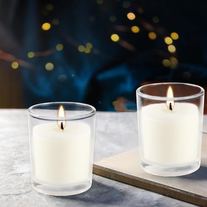 48 Pack White Unscented Clear Glass Filled Votive Candles. Hand Poured Wax Candle Ideal Gifts for Home Décor Parties Weddings Holidays and Meditation (White)