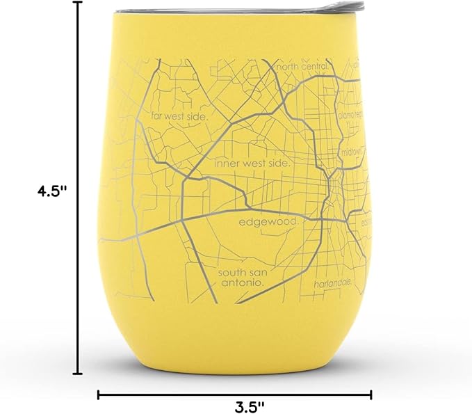 Well Told Engraved San Antonio Texas Map Insulated Wine Tumbler, Etched Stainless Steel Cup (12 oz, Sunrise Yellow) City Map Insulated Tumbler, Custom Insulated Tumbler, Outdoor Drinkware