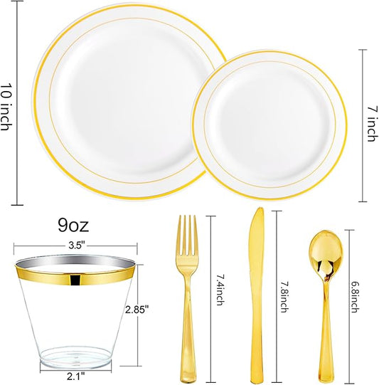 bUCLA 150PCS Gold Plastic Dinnerware Set Disposable - Heavy Duty Gold Plates Include 25 Dinner & 25 Dessert Plates,25 Forks,25 Knives,25 Spoons&25 Cups for Party&Wedding