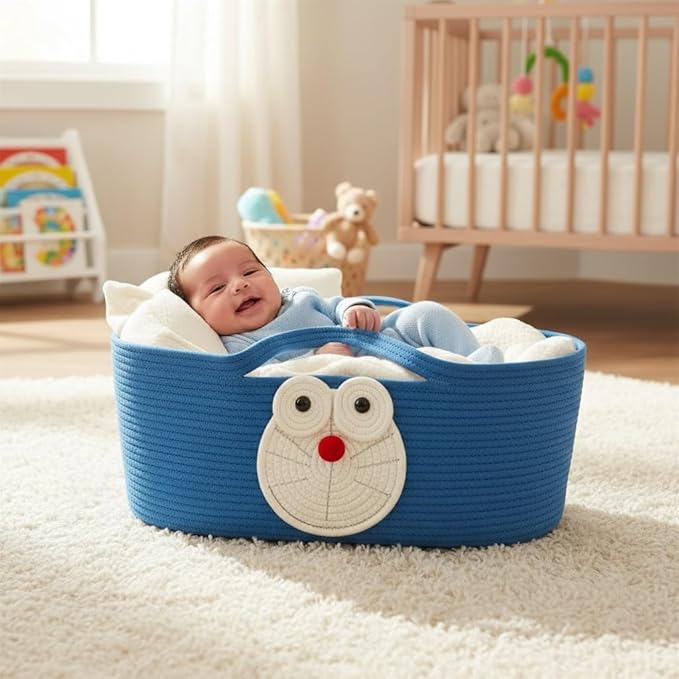 Eco-Friendly Foldable Cotton Basket with Handles, Multi-Use Decorative Storage for Infant Sleeping, Home, Travel, Cat & Small Dog Bed 27.56 × 15.75in