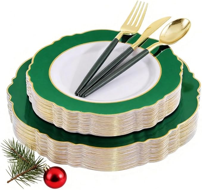 WDF 30Guest Christmas Plates Disposable - Gold Plastic Silverware With Green Handle - Baroque Green &Gold Plastic Dinnerware for Christmas Plates Party