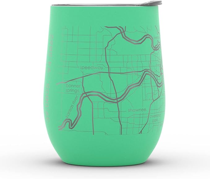 Well Told Engraved Kansas City Missouri Map Insulated Wine Tumbler, Etched Stainless Steel Cup (12 oz, Sunday Green) City Map Insulated Tumbler, Custom Insulated Tumbler, Outdoor Drinkware