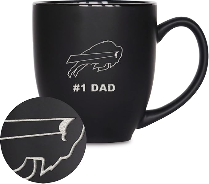 Rico Industries NFL Football #1 Dad 15oz Laser Engraved Matte Black Ceramic Bistro Mug - for Hot or Cold Drinks