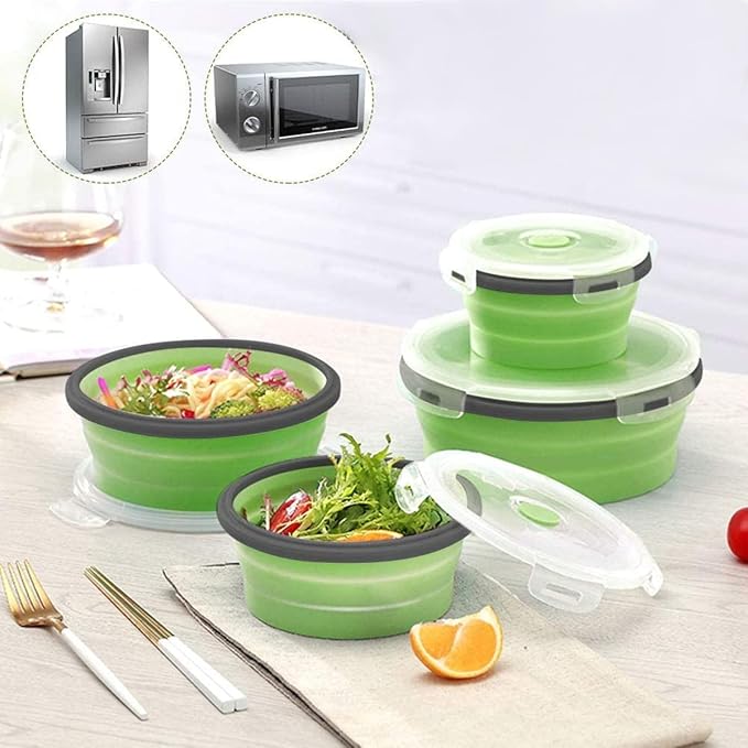 Collapsible Bowls For Camping, Set of 4 Silicone Food Storage Containers with Lids, Rv storage and organization, Rv Kitchen Accessories, BPA Free, Microwavable, Freezer, Dishwasher Safe (Round-Green)