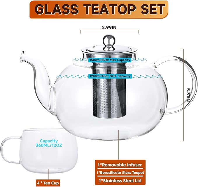 50OZ/1500ML Glass Teapot Set with 4 Teacups & Removable Stainless Steel Infuser, Stovetop & Microwave Safe Clear Tea Maker Water Kettle with 12OZ/360ML Tea Cups for Loose Leaf Blooming Tea