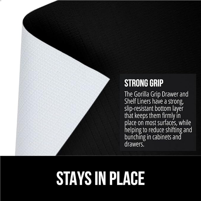 GORILLA GRIP Slip Resistant Drawer and Shelf Liner 2 Pack, Non Adhesive Water Resistant, Easy Clean and Trim, Smooth Surface Liners for Kitchen Cabinet, Shelves, Drawers, Pantry, 20 in x 20 FT, Black