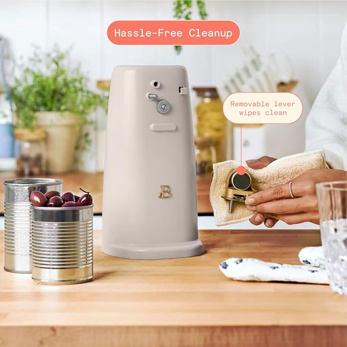 Beautiful Electric Can Opener with Auto-Turn, Magnetic Lid Holder, Knife Sharpener, Bottle Opener, Removable Lever, Cord Storage, No-Tilt Base, Stainless Steel Blade, 70W (Porcini Taupe)