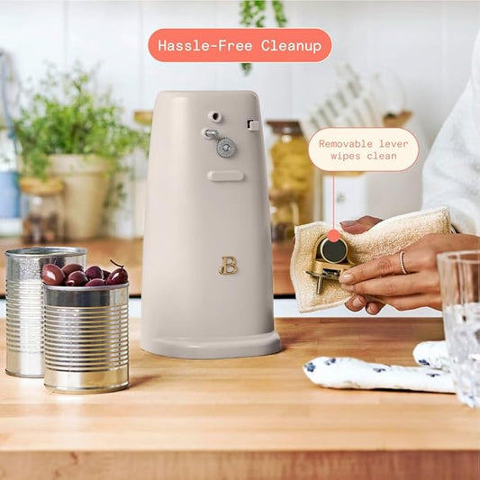 Beautiful Electric Can Opener with Auto-Turn, Magnetic Lid Holder, Knife Sharpener, Bottle Opener, Removable Lever, Cord Storage, No-Tilt Base, Stainless Steel Blade, 70W (Porcini Taupe)