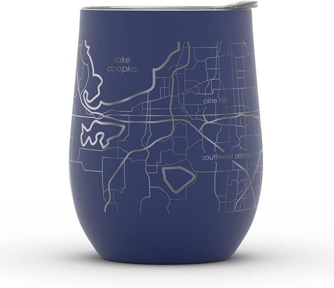 Well Told Engraved Orlando Florida Map Insulated Wine Tumbler, Etched Stainless Steel Cup (12 oz, Midnight Blue) City Map Insulated Tumbler, Custom Insulated Tumbler, Outdoor Drinkware