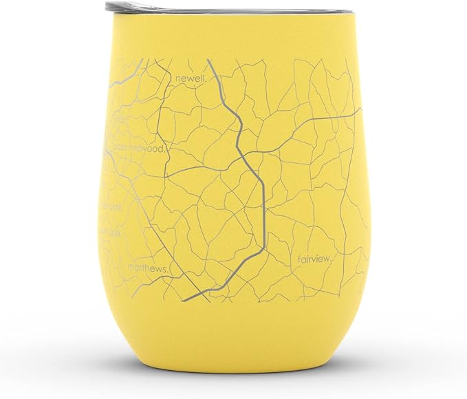 Well Told Engraved Charlotte North Carolina Map Insulated Wine Tumbler, Etched Stainless Steel Cup (12 oz, Sunrise Yellow) City Map Insulated Tumbler, Custom Insulated Tumbler, Outdoor Drinkware