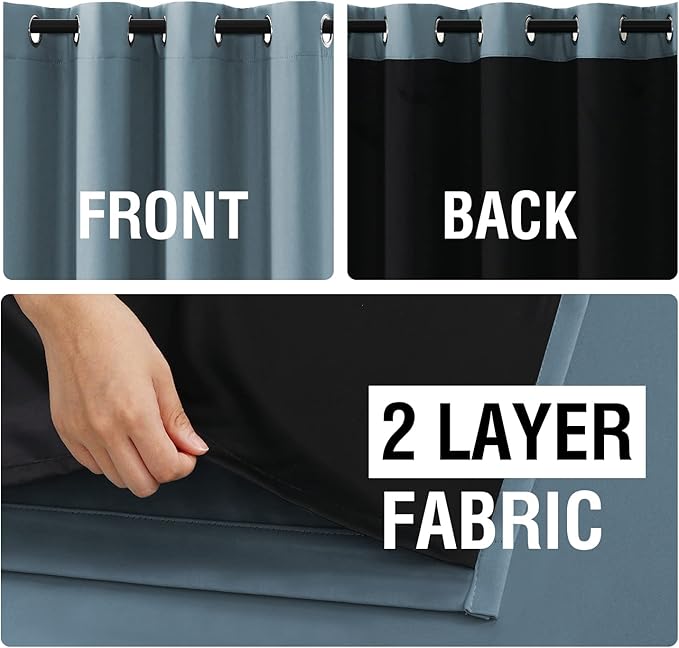 H.VERSAILTEX 100% Blackout Curtain Panels 96 Inches Long Thermal Insulated Blackout Lined Curtains for Bedroom Two Layers Full Light Blocking Drapes for Living Room, 2 Panels, Stone Blue