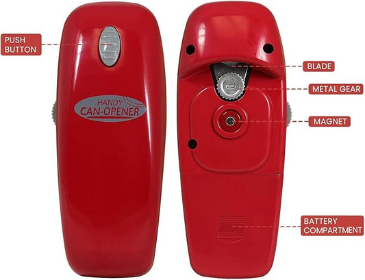Electric Can Opener - No Sharp Edge Handheld Can Opener - Battery Operated Can Opener - Easy One-Touch Operation - Automatic, Food Safe, Hands Free, Smooth Edge (Red)