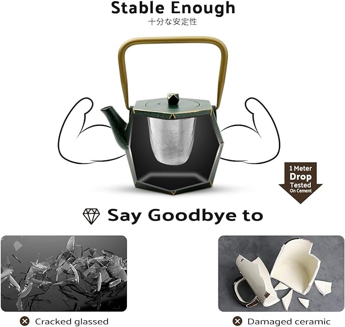 Toptier Cast Iron Teapot, Stovetop Safe Japanese Cast Iron Tea Kettle, Diamond Design Tea Pot with Removable Infuser for Loose Tea, 54 Ounce (1600 ml), Dark Green