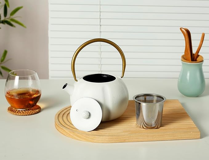 VICSKY Small Pumpkin Cast Iron Teapot (White), Japanese Cast Iron Tea Kettle Stovetop Safe with Stainless Steel Infuser,Small Iron Teapot for Loose Tea, 1-2 People (27oz/800ml)