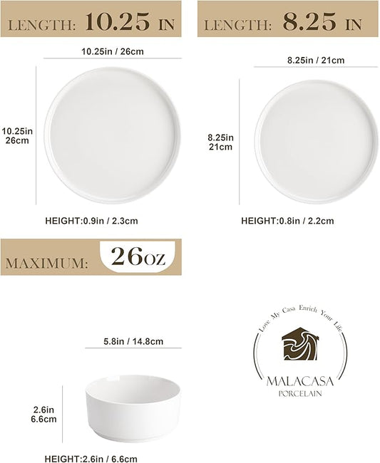 MALACASA 24 Pieces Porcelain Dinnerware Set, Modern White Dish Set for 8, Premium Serving Plates and Bowls Sets, Chip and Scratch Resistant Dishware Sets Kitchen Dishes Dining Ware Set, Series LEAH