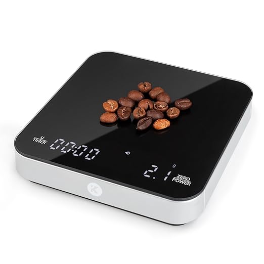 KitchenTour CaféMetric Coffee Scale with timer 0.1g/2000g - Precision Scale for Espresso & Pour over - Water flow Speed Mode and Coffee powder-to-liquid ratio Mode - Rechargeable, LED Display - Silver