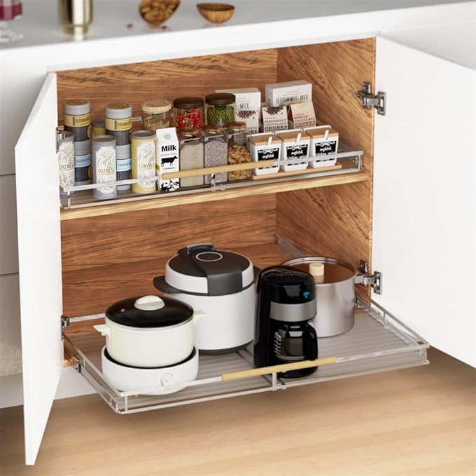 SANNO Chrome Expandable Pull Out Kitchen Cabinet Organizer, 14"-25" Width, 22.24" Depth, 2.7" Height, 2 Shelves, Modern Style, Bottom-Mounted, Easy Install, Kitchen Use