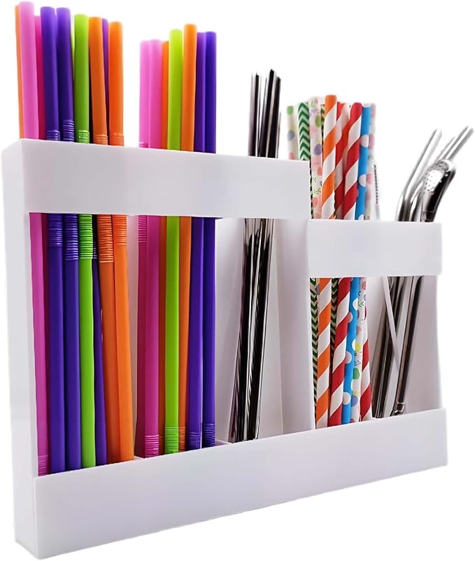 White Adhesive Straw Organizer for Cabinet, 5-Section Kitchen Utensil Holder for Long & Short Straws, Spoons, Forks, Inside Door Mount Storage Stick on Refrigerator Microwave Sides Tiled Wall Surfaces