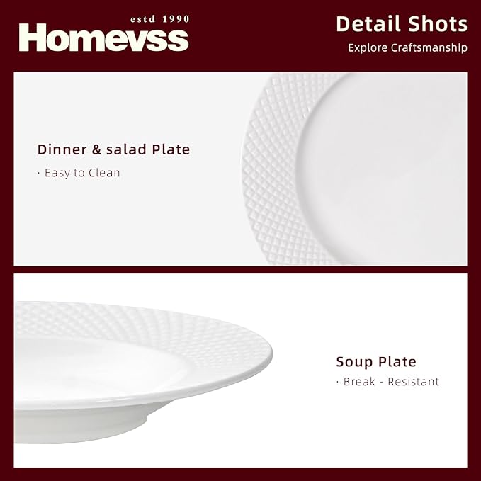 HomeVss, New Bone China Dinnerware Set, Embossed Diamond Design, 20pc Set